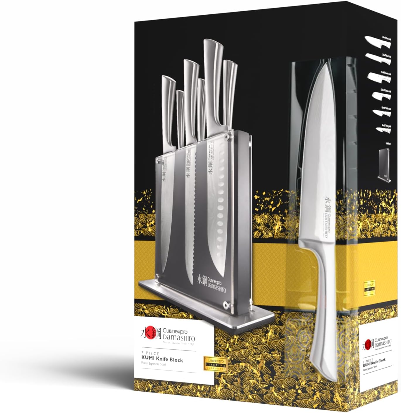 Cuisine::pro Damashiro Knife Block (Kumi, 7-Piece Chef Knife Set) - Japanese Steel Knife - Magnetic Knife Block- Damascus-Inspired Blade Kitchen Knives
