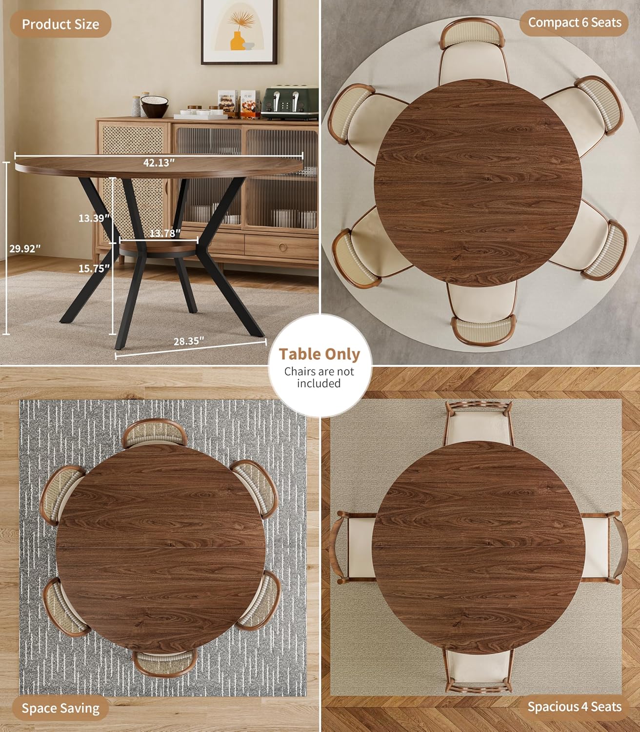 42" Round Dining Table for 4, Farmhouse Kitchen Table with Storage, Space Saving Circle Dinner Table, Rustic Wood Kitchen & Dining Room Tables with Metal Legs for Kitchen, Living Room, Dining Room