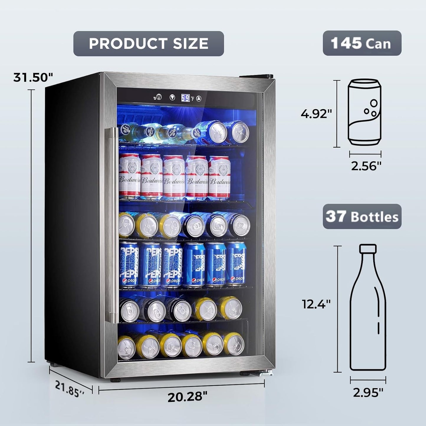 Electactic Wine Cooler 37 Bottle Freestanding Fridge with Stainless Steel Reversible Glass Door, 145 Can Beverage Refrigerator Quiet Compressor for Home Kitchen Bar, 4.5 Cu.ft Silver