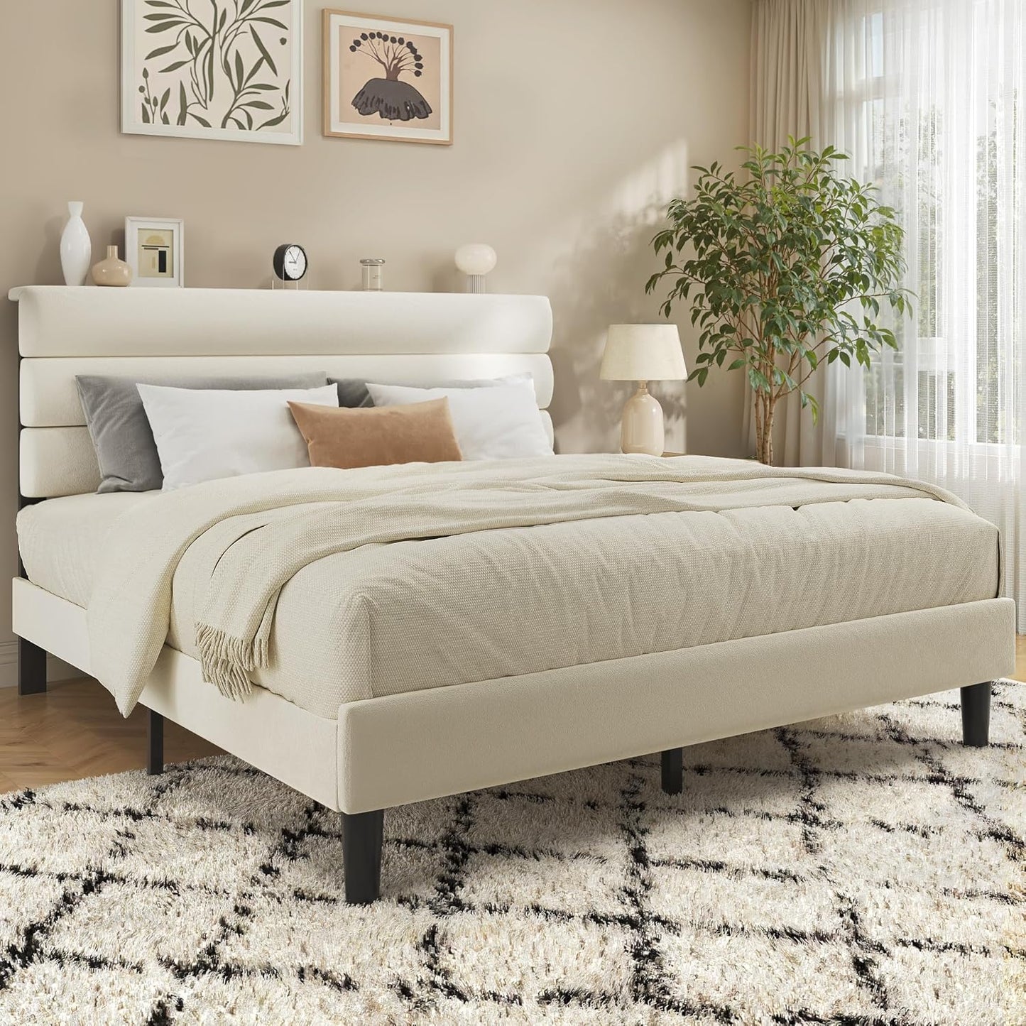 Fluest Queen Bed Frame, Platform Bed Frame with Velvet Upholstered Headboard, No Box Spring Needed, Sturdy Metal Support, Noise Free, Easy Assembly, Modern Bedroom Furniture, Beige