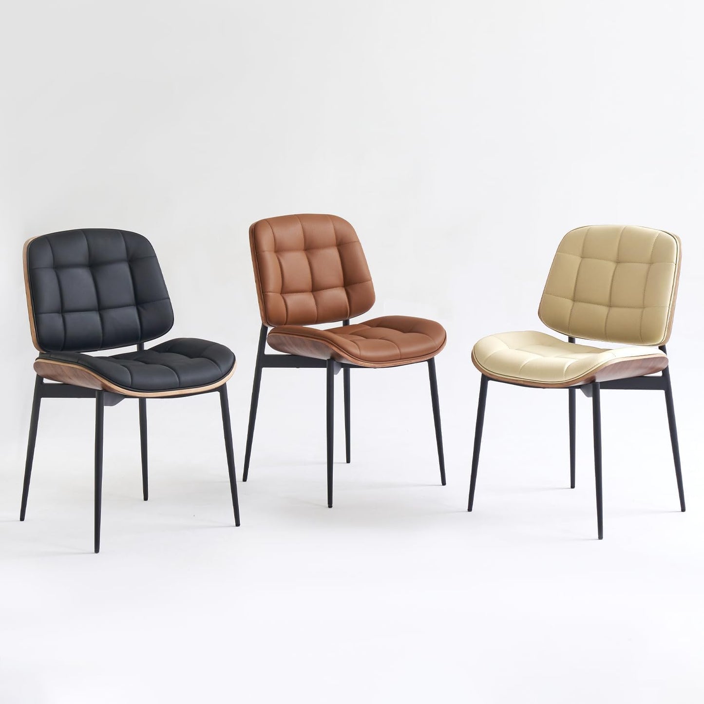 GrandNoor Mid Century Modern Dining Chairs with Walnut Grain Back, Black Faux Leather Dining Room Chairs Set of 2, Checkered Soft Cushion Kitchen Chairs with Adjustable Foot Pads