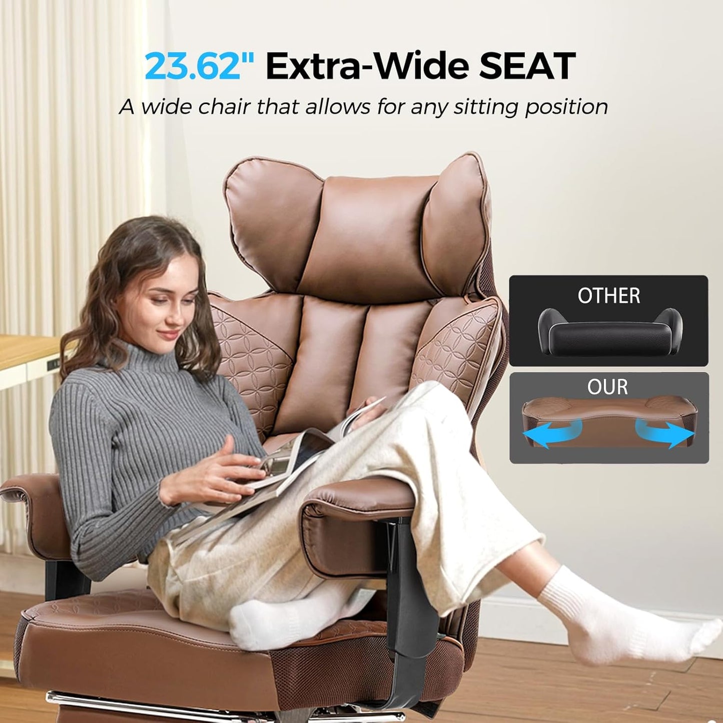GTPLAYER Big and Tall Gaming Chair 400lbs Heavy Duty Office Chair with Foot Rest & Ergonomic Pocket Spring Lumbar Support, High Back 3D Saddle Shaped Cushion for Back Pain Relief, Brown