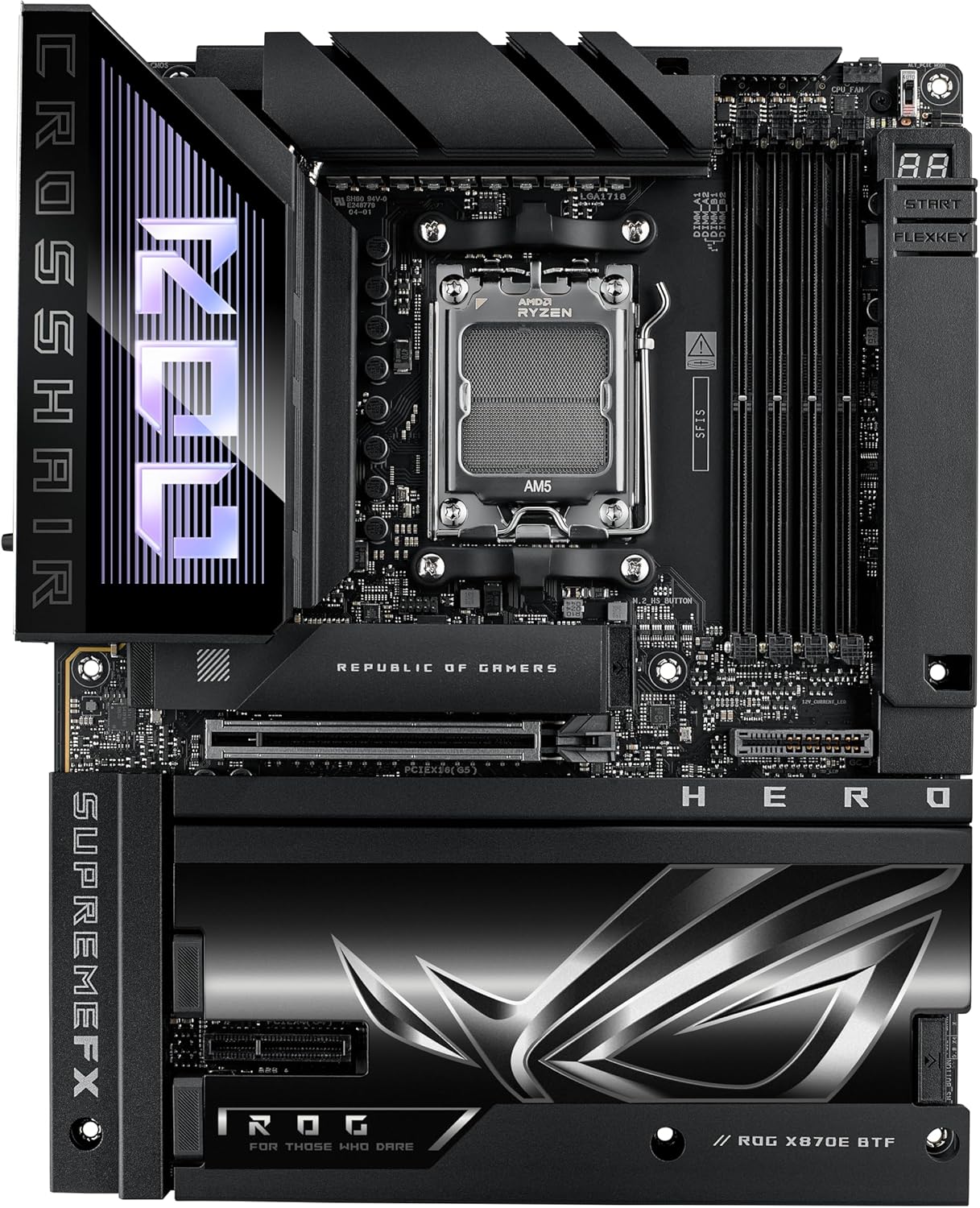 ROG Crosshair X870E Hero BTF AMD ATX Board with Hidden-Connector Design & high-Power GPU Slot for Clean Cable Management, 18+2+2 Power, DDR5, WiFi 7, 5X M.2, PCIe 5.0, USB4, Advanced AI PC Ready