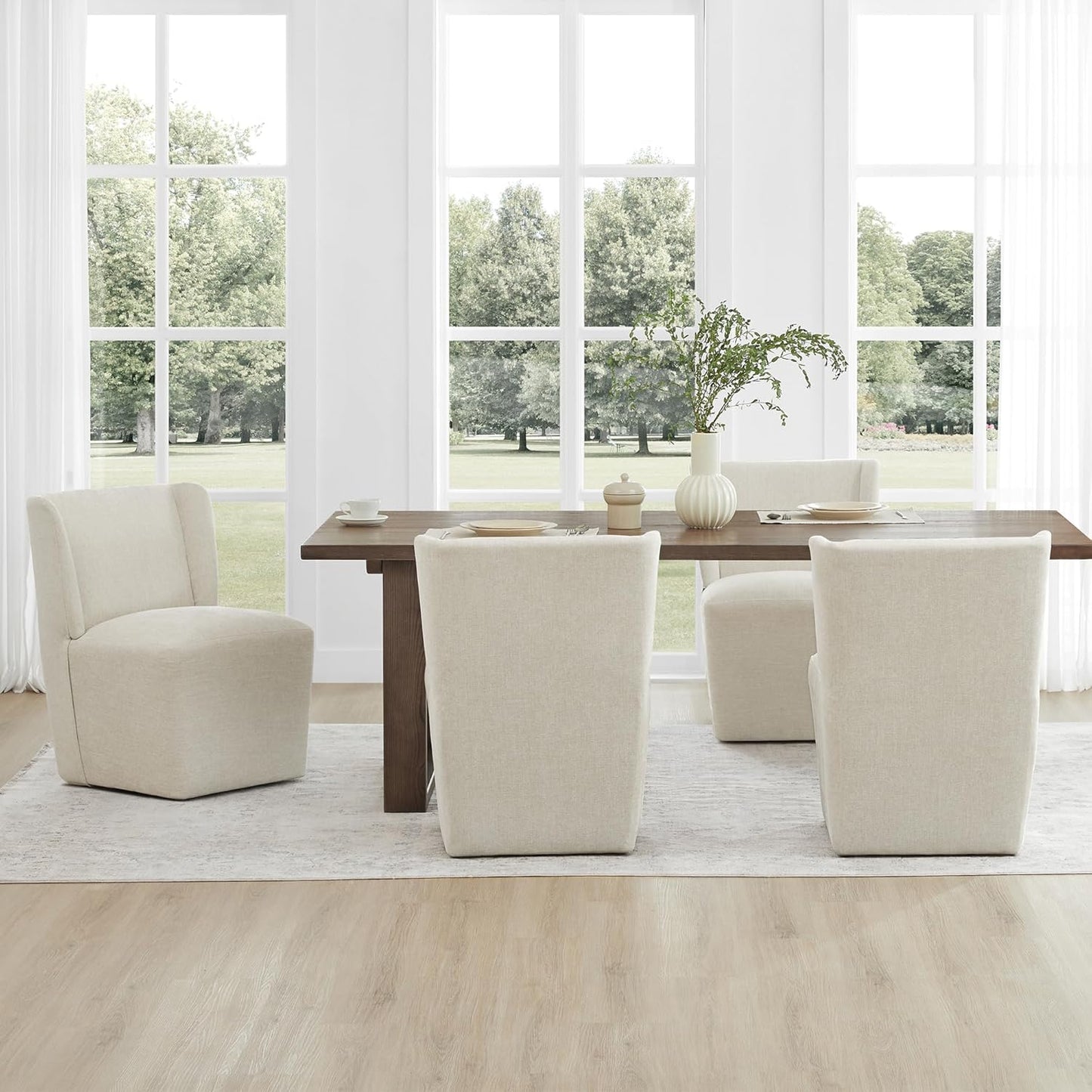 KISLOT Upholstered Dining Chairs Set of 4 with Casters, Wingback Modern Side Armless Deskchair with Rollers for Diningroom Bedroom Livingroom Reading Room, Cream Beige Fabric