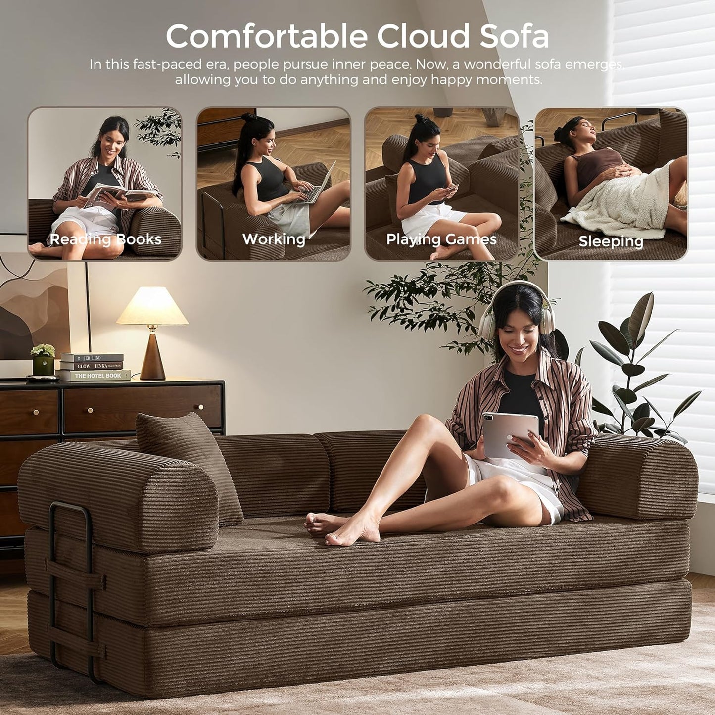 79" Convertible Sofa Bed with Fixed-Shape Frame & Removable Armrests, Modular Corduroy Sleeper Sofa, Folding Mattress Couch for Small Spaces - No Assembly Needed in Brown (Includes 2 Pillows)