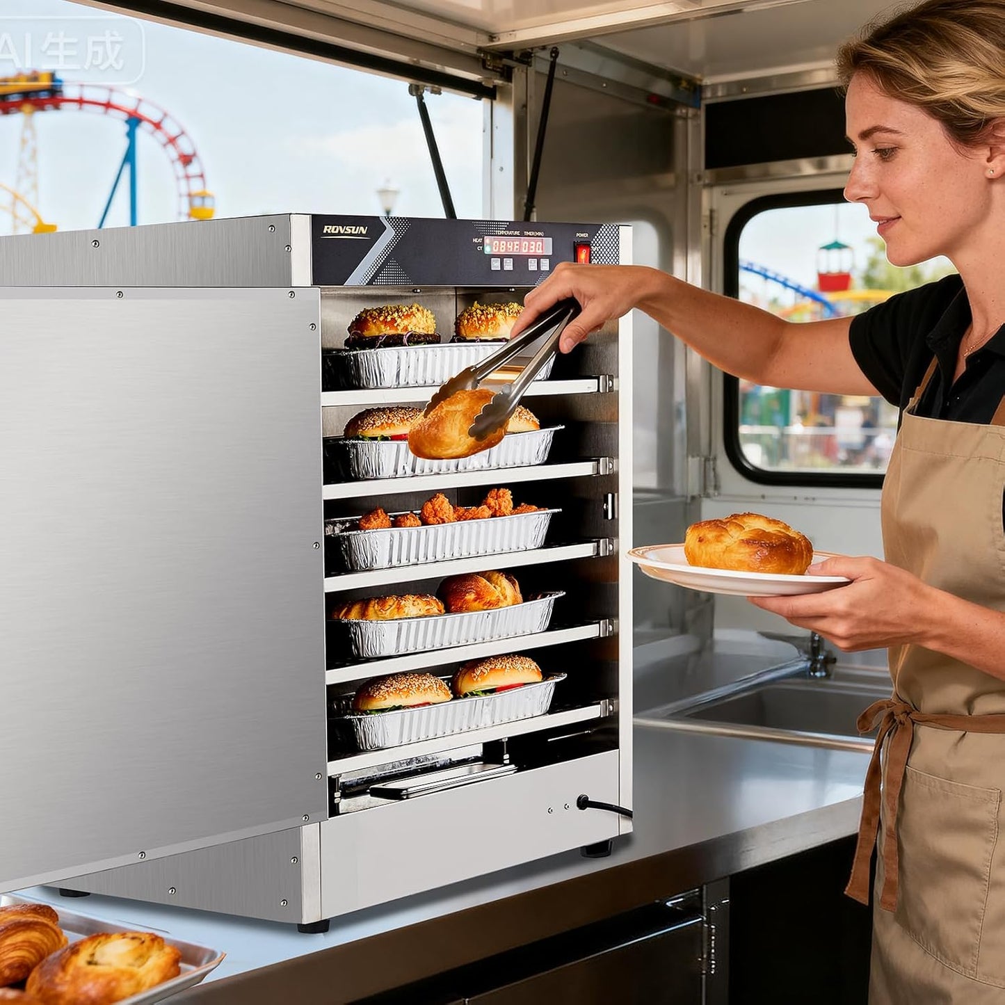 ROVSUN Hot Box Food Warmer Pizza Warmer w/Water Tray Removable Shelves, Hot Holding Cabinet Pretzel Warmer Commercial Electric Food Warmer Countertop for Restaurant Catering (5 Tier-Single Door)