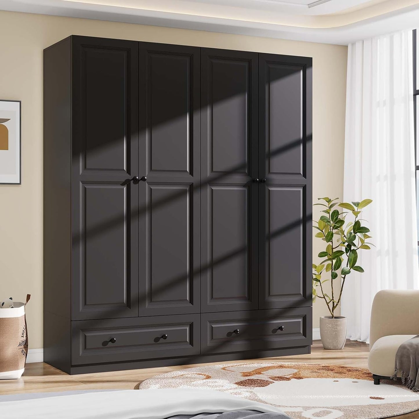 Armoire Wardrobe Closet with Drawers: 74" Black Tall Wooden Wardrobe Closet for Hanging Clothes, Large Bedroom Armoires with 2 Drawers, 4 Door Armoire Storage Cabinet (Black, 63")