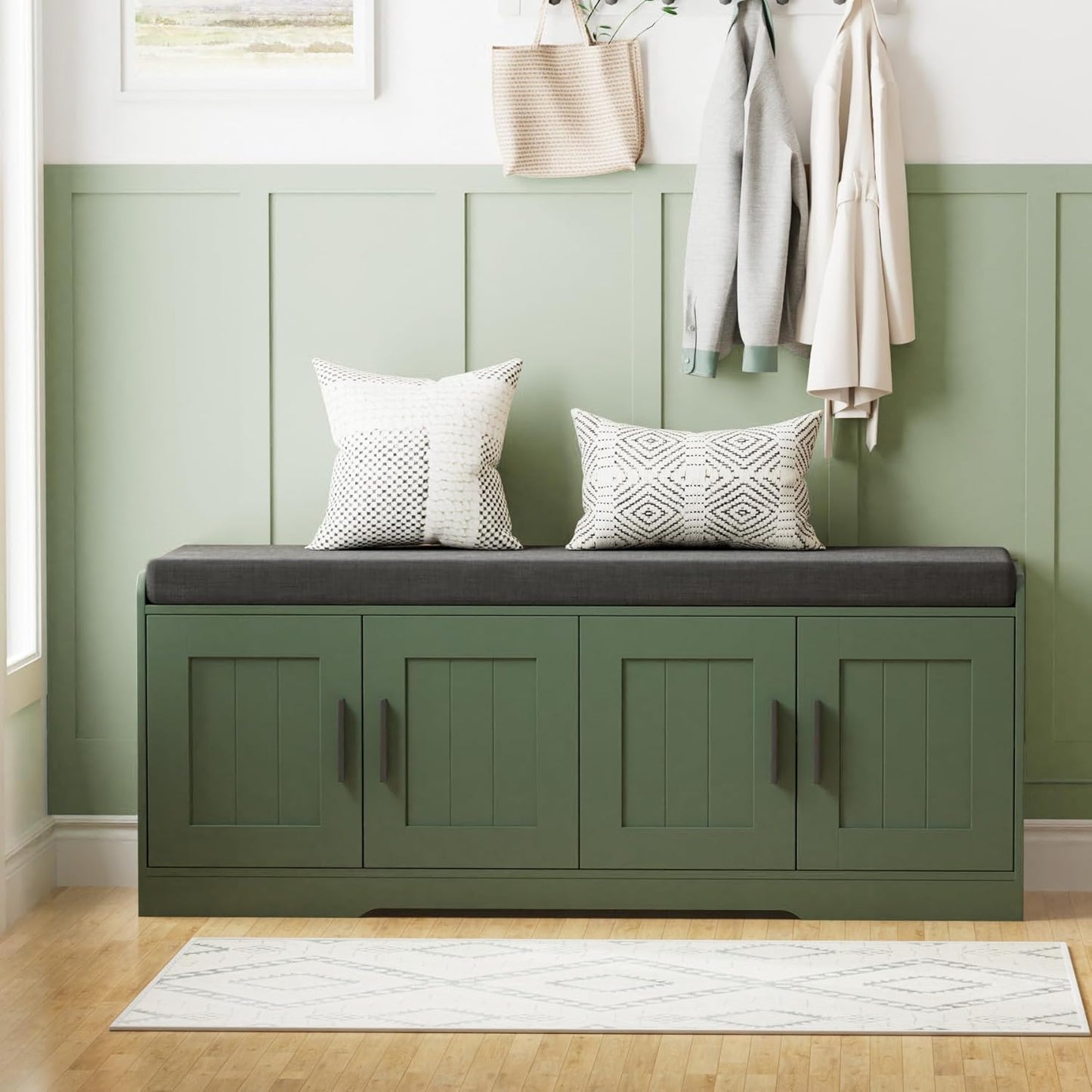 Homleke 2-Tier Storage Bench, Shoe Bench with Thickened Padded Seat Cushion, Entryway Bench with 4 Doors, Adjustable Shelf, 13.8" D x 45.3" W x 18.5" H, for Entryway, Living Room, Bedroom, Green