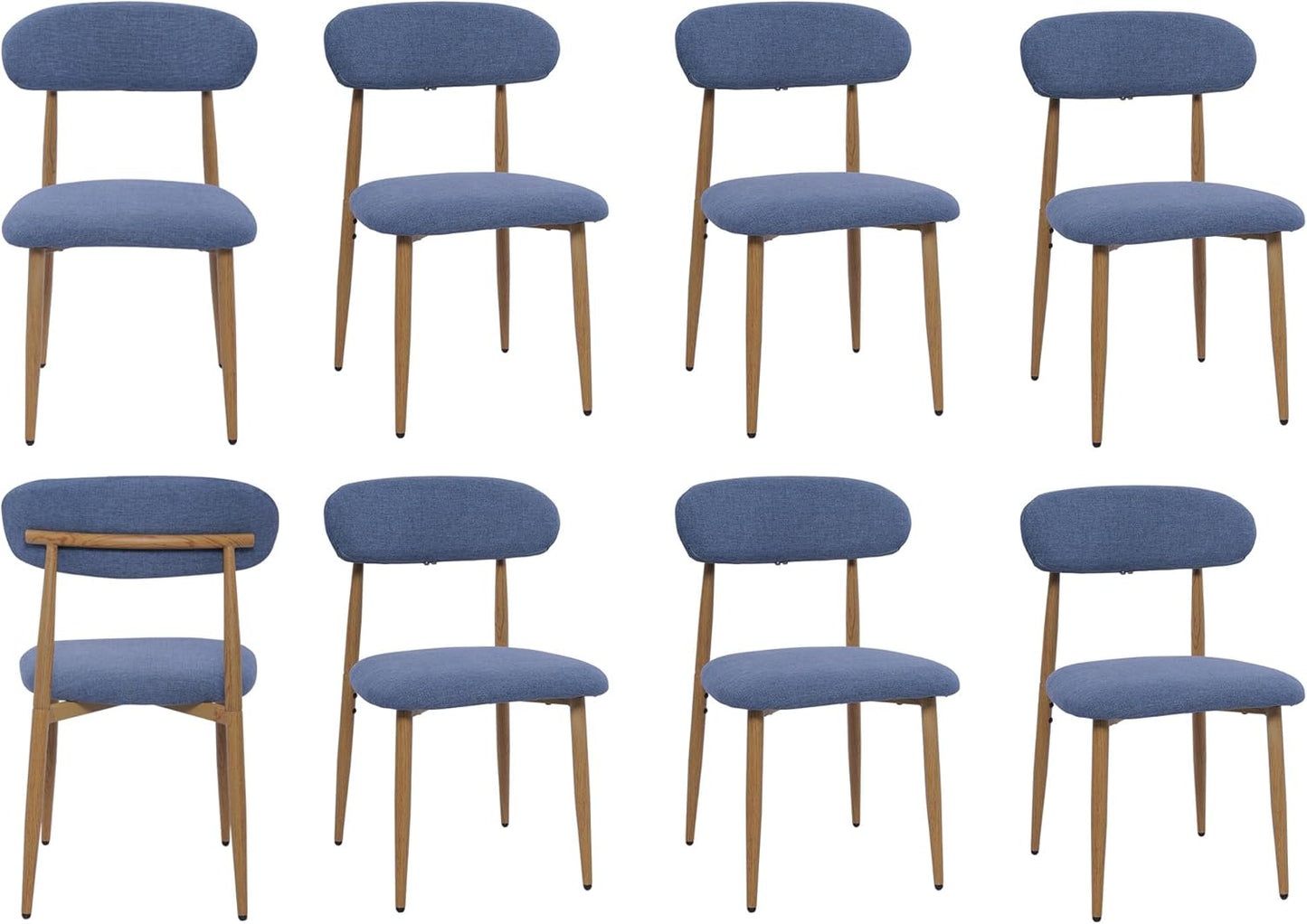 FREKEN Modern Upholstered Dining Chairs Set of 8, Mid-Century Metal Frame with Wood Grain, Linen Fabric Side Chair for Kitchen Dining Room, 350lbs Capacity, Blue