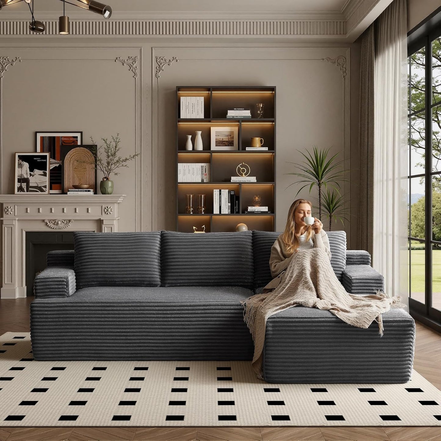 96" Sectional Couches for Living Room Cloud Couch Sofa with L-Shape Upholstered Boneless Couchs Modern Modular Sectional Couch with Chaise (Dark Grey, 96" W+Right Facing Chaise+2Seaters)