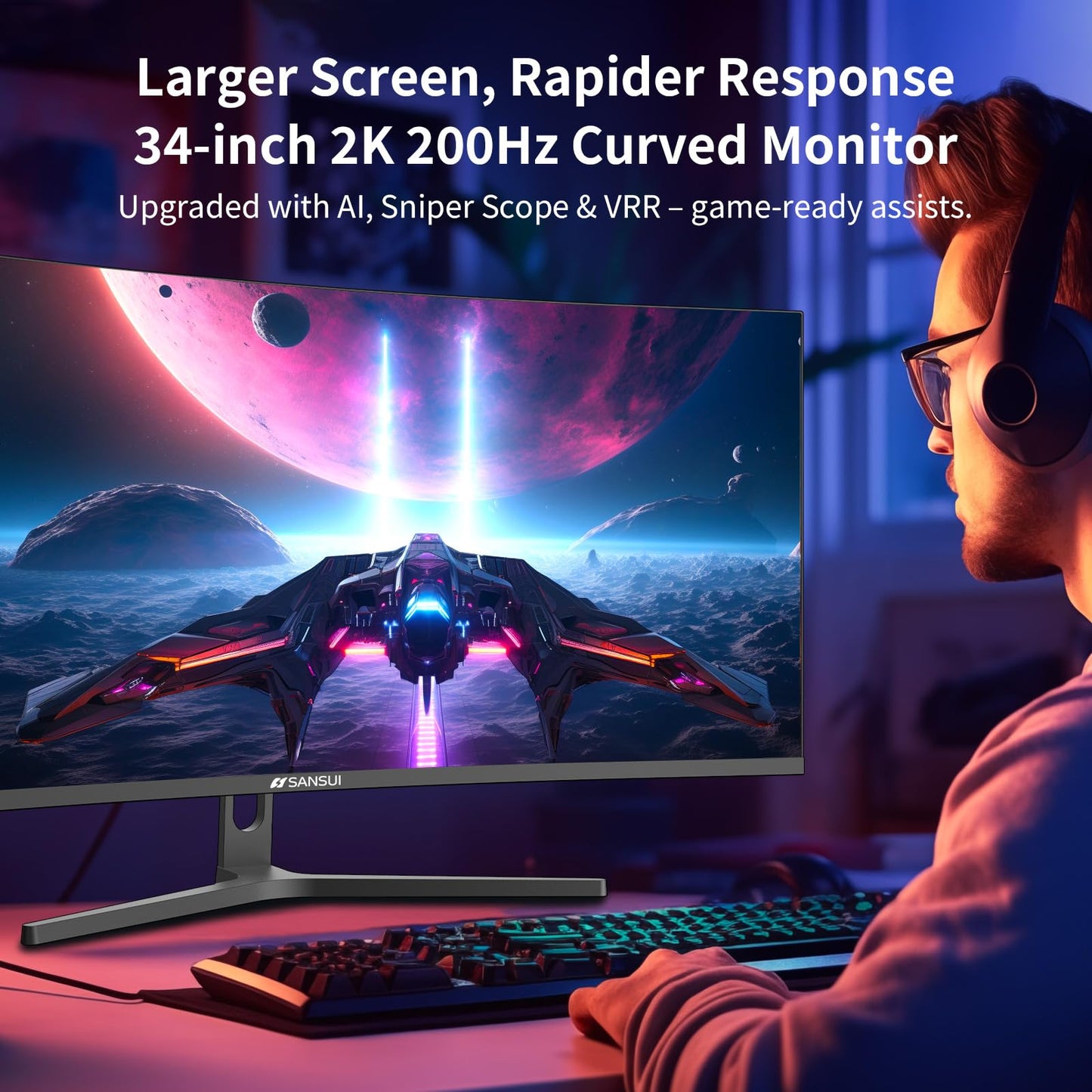 SANSUI 34-Inch Curved Gaming Monitor UWQHD 200Hz 1ms