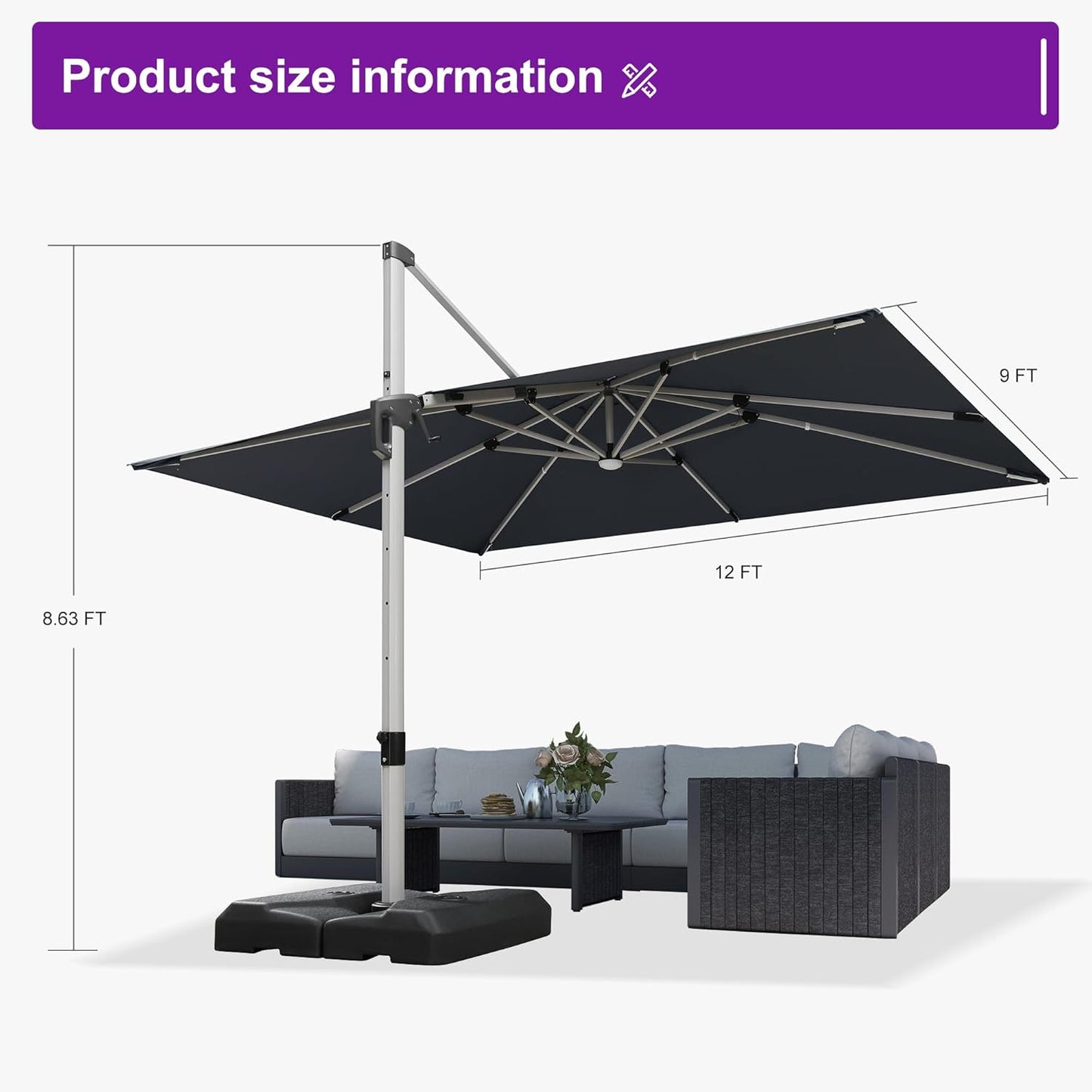 PURPLE LEAF 9' X 12' Patio Umbrella with Lights Outdoor Rectangle Cantilever Umbrella Solar Powered LED with 360-degree Rotation for Garden Deck Pool Patio, Grey