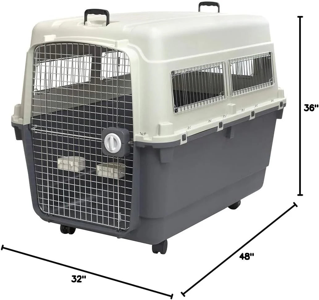 SportPet Designs Plastic Kennels Rolling Plastic Airline Approved Wire Door Travel Dog Crate, XXX-Large, Gray