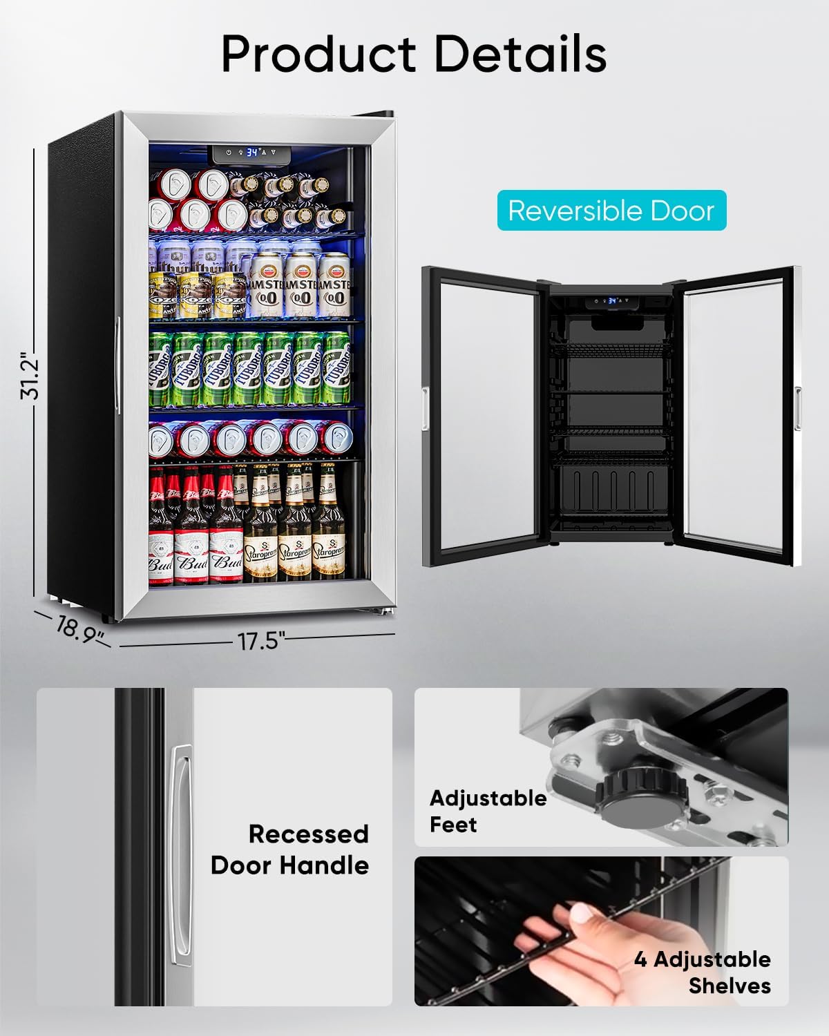 Feelfunn Beverage Refrigerator Cooler - 126 Can Mini Fridge Glass Door for Drinks Soda Beer Wine - Small Refrigerator for Office Bedroom Home Bar, 4 Adjustable Shelves, 3.2 Cu.Ft, Silver