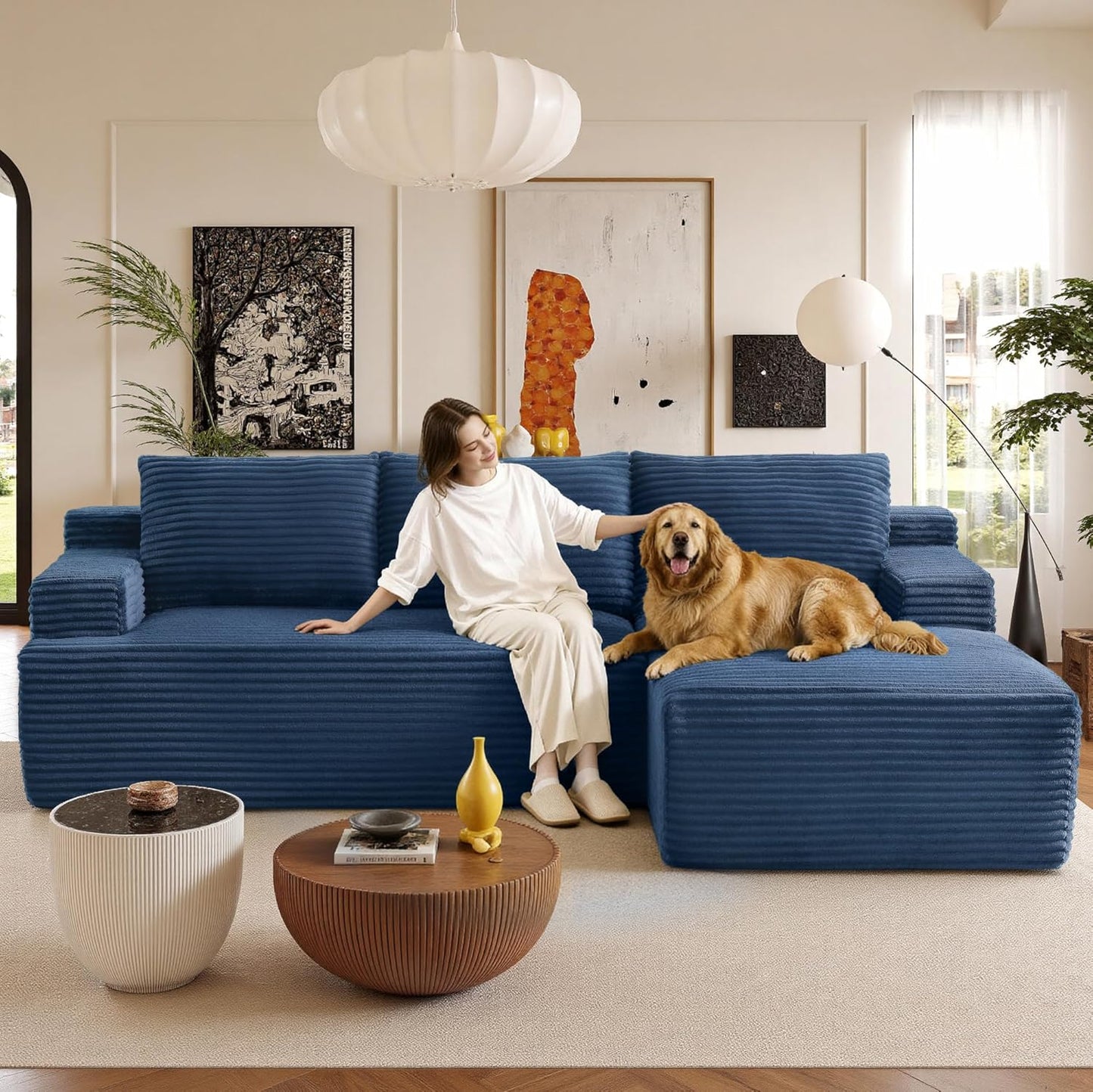 96" Sectional Couches for Living Room Cloud Couch Sofa with L-Shape Upholstered Boneless Couchs Modern Modular Sectional Couch with Chaise (Bule, 96" W+Right Facing Chaise+2Seaters)