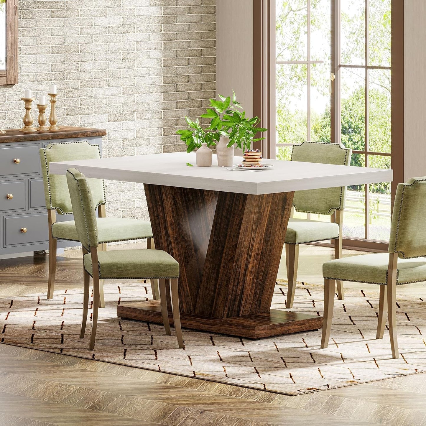 Tribesigns 47-Inch Dining Table for 4, White Kitchen Dinner Table with Heavy Duty Pedestal, Farmhouse Wooden Eating Table for Home, Dining Room, Small Space, White & Brown