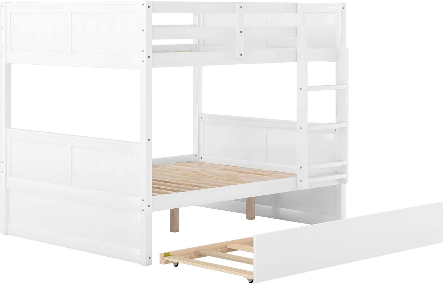 Full Over Full Bunk Bed with Trundle, Wooden Trundle Bed Frame with Ladder Safety Guardrail, Convertible to 2 Platform Beds for Kids Teens, White