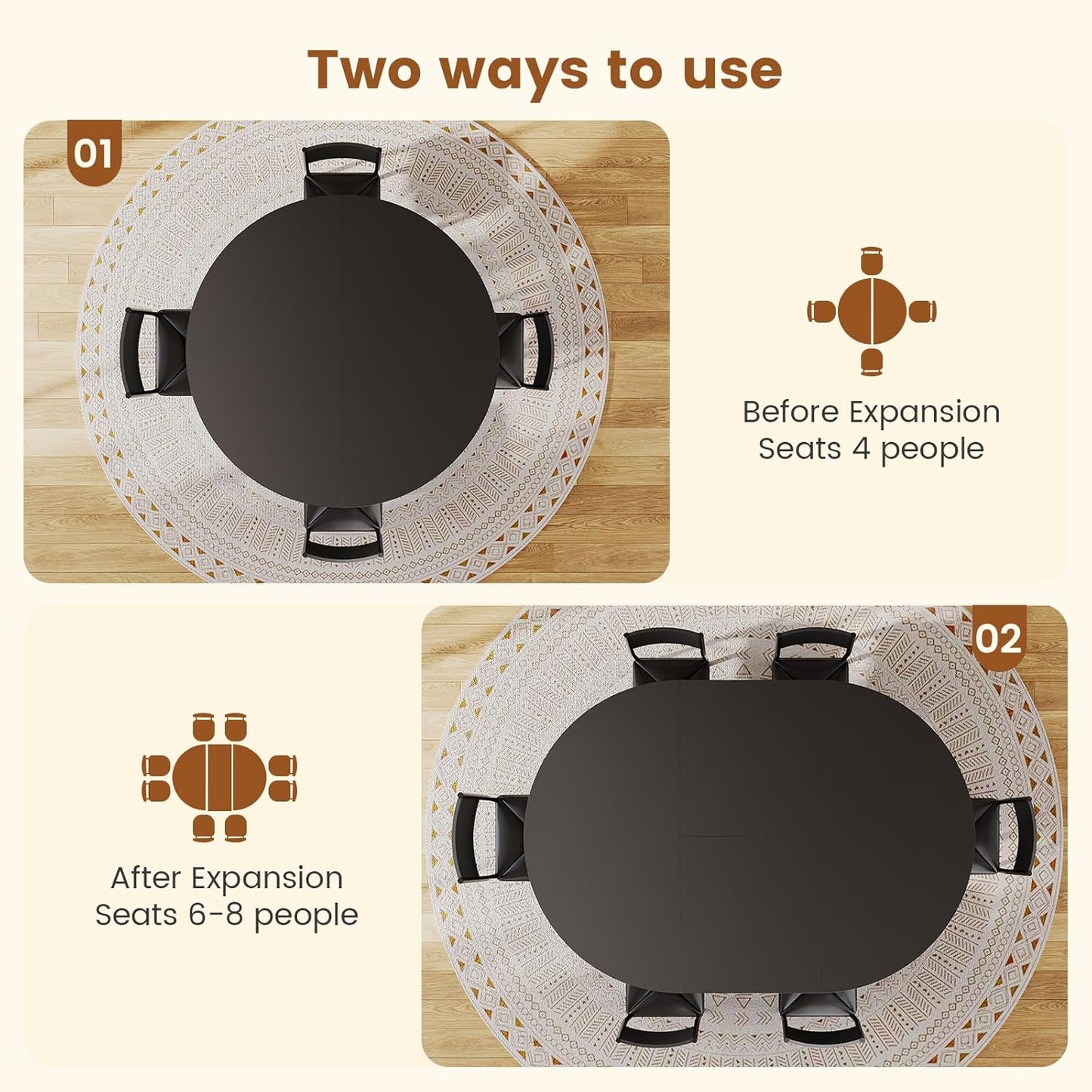 Itaar Round Extendable Dining Table Set for 4-6 People, 5-Piece Kitchen Table Set with 4 Cushion Chairs, Dining Room Table for 6 with MDF Board & Metal Frame for Small Space, Easy Clean, Black