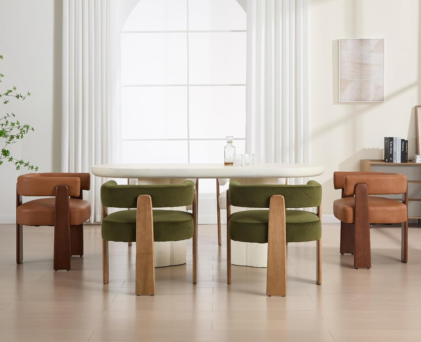 Shunzhi White Barrel Dining Chairs Set of 4 Modern Upholstered Dining Room Chairs with Arms/Open Back Farmhouse Wooden Linen Kitchen Chairs Comfy Accent Side Armchairs for Living Room