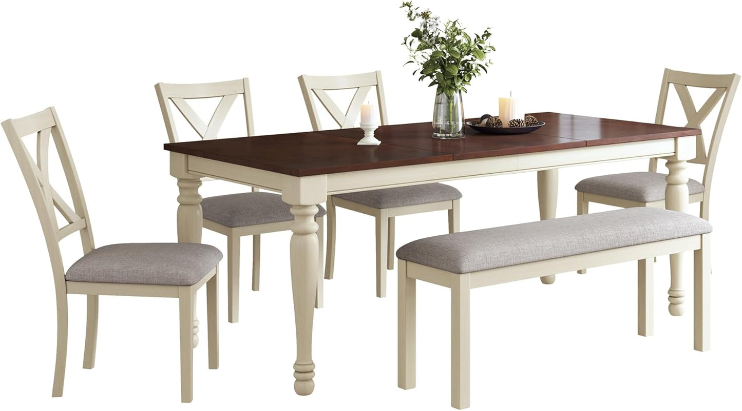 AMERLIFE 6-Piece Farmhouse Dining Table Set for 6-7, 71" Solid Wood Kitchen Table and Chairs, 1 Dining Table, 4 Upholstered Chairs and 1 Bench, Rustic Dining Room Set, Rustic White