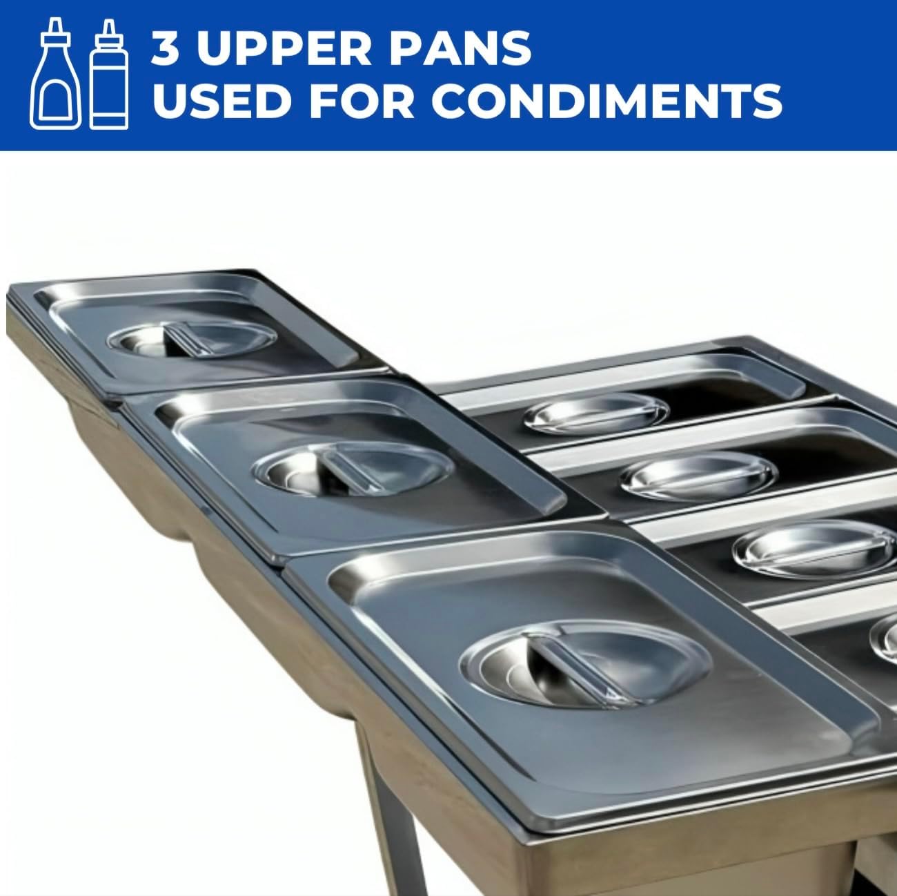 5 Pan Steam Table Food Warmer Cart | Heavy Duty Commercial Stainless Steel | Portable 4 Wheels | Outdoor Propane | 3 Condiment Containers | 8 Total Standard 1/3 Pans (12” x 6” x 4”) | CSA Approved | Catering, Home, and Backyard Use