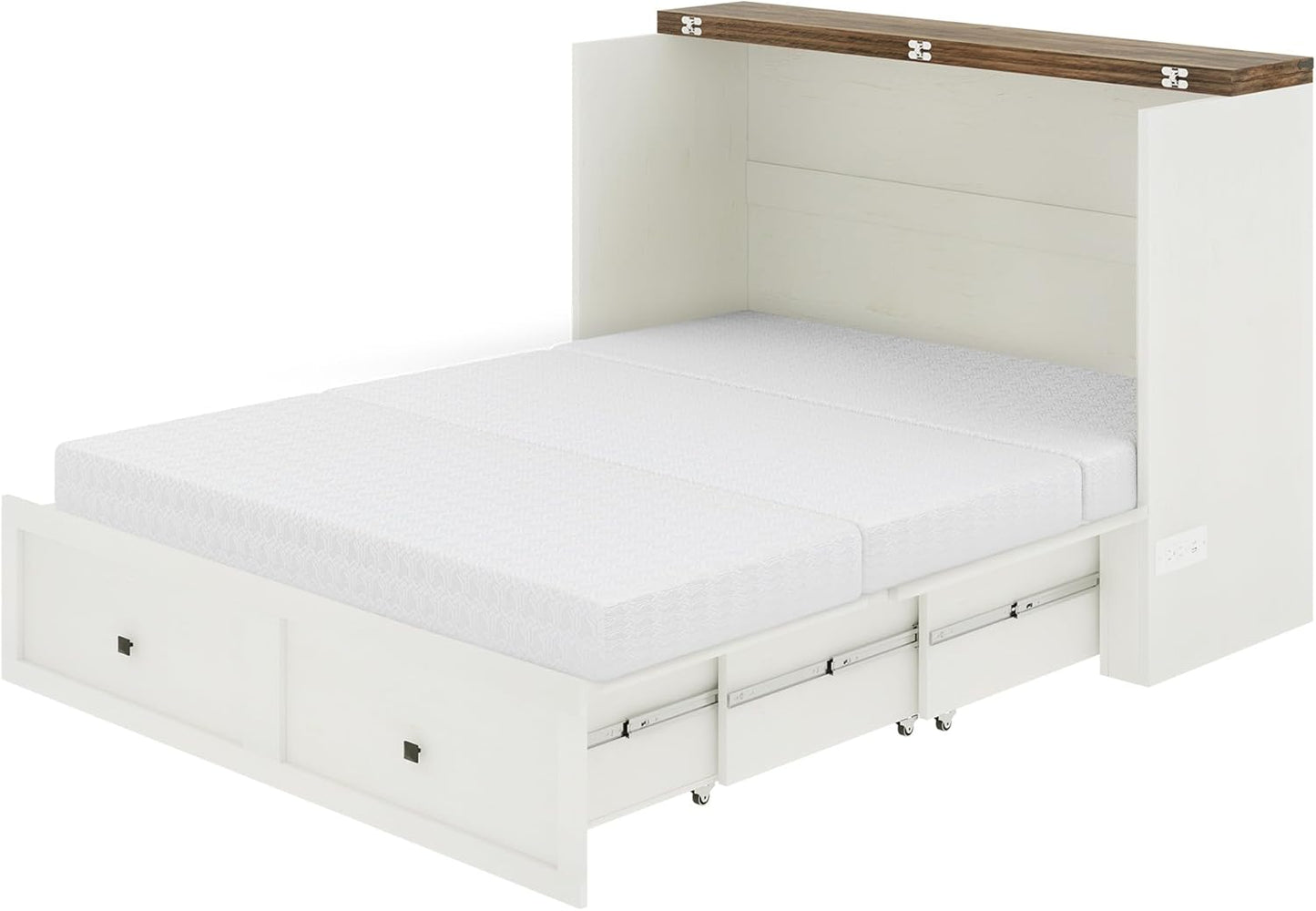 LUXOAK Queen Murphy Bed with 6" Tri-Fold Memory Foam Mattress, Storage Drawer & Charging Station, Space-Saving Design for Home Office or Guest Room, White