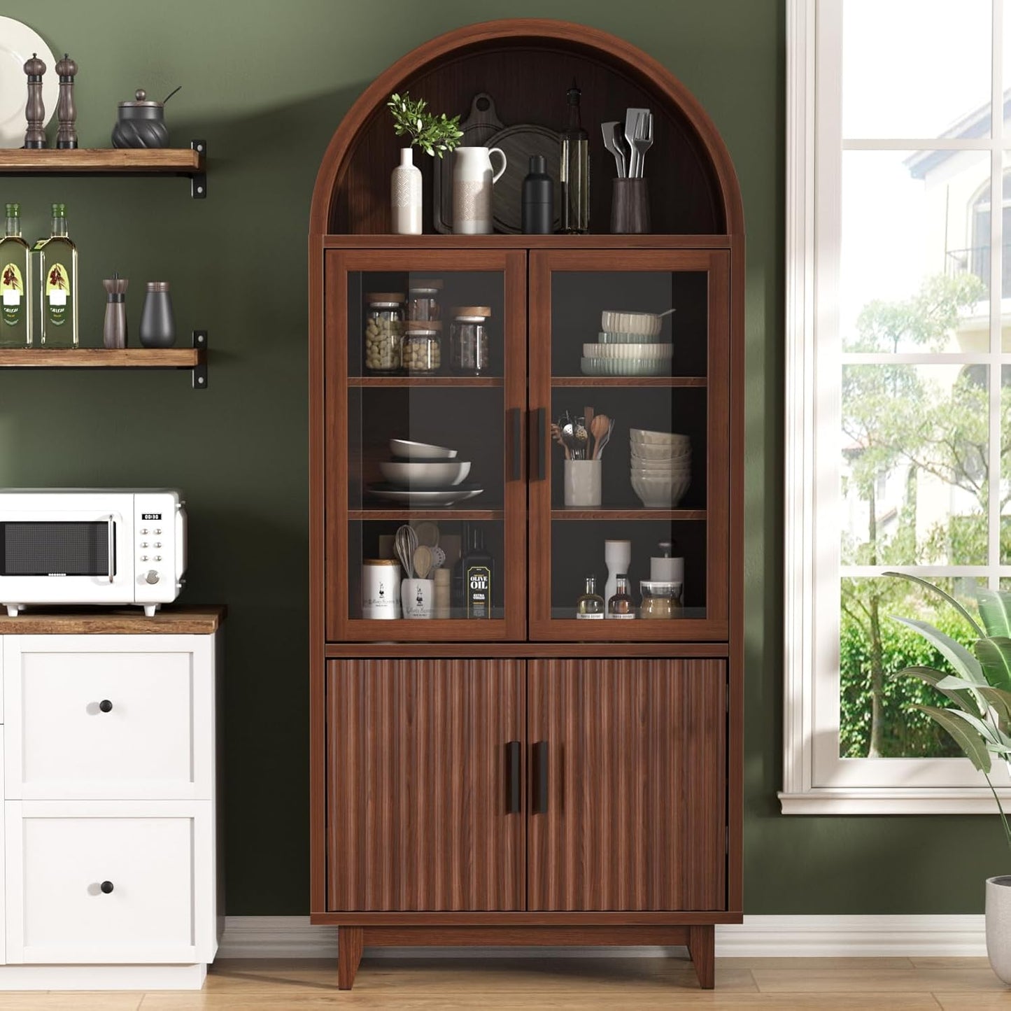 FiveWillowise 71" Tall Arched Cabinet with Glass Doors, Fluted Pantry Cabinet with Solid Wood Legs, Modern Accent Furniture for Living Room, Kitchen, Dining Room, Entryway, Walnut