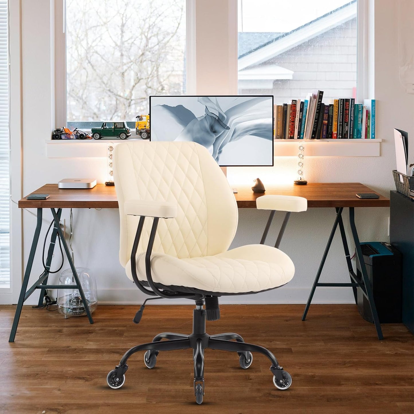 YFO Home Office Desk Chair Office Rubber Casters Ergonomic Computer Chair with Lumbar Support Adjustable Height Rolling Swivel Executive Task Armrests Chair . Cream Leather