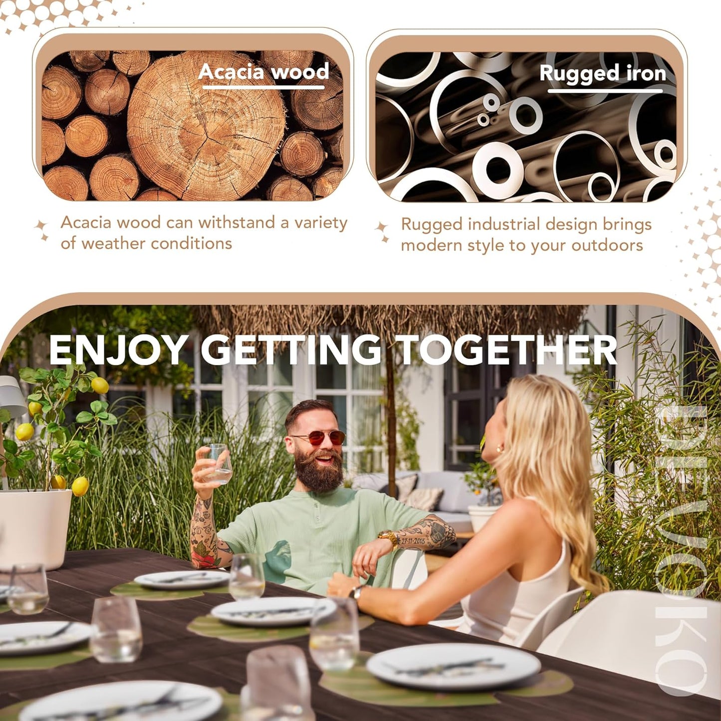Devoko Home Acacia Wood Dining Table 6-Person Indoor Outdoor Table with Iron Legs, Sandblast Finish, Natural Stained, Rustic Metal, 69 * 33 * 30 inch (Espresso)