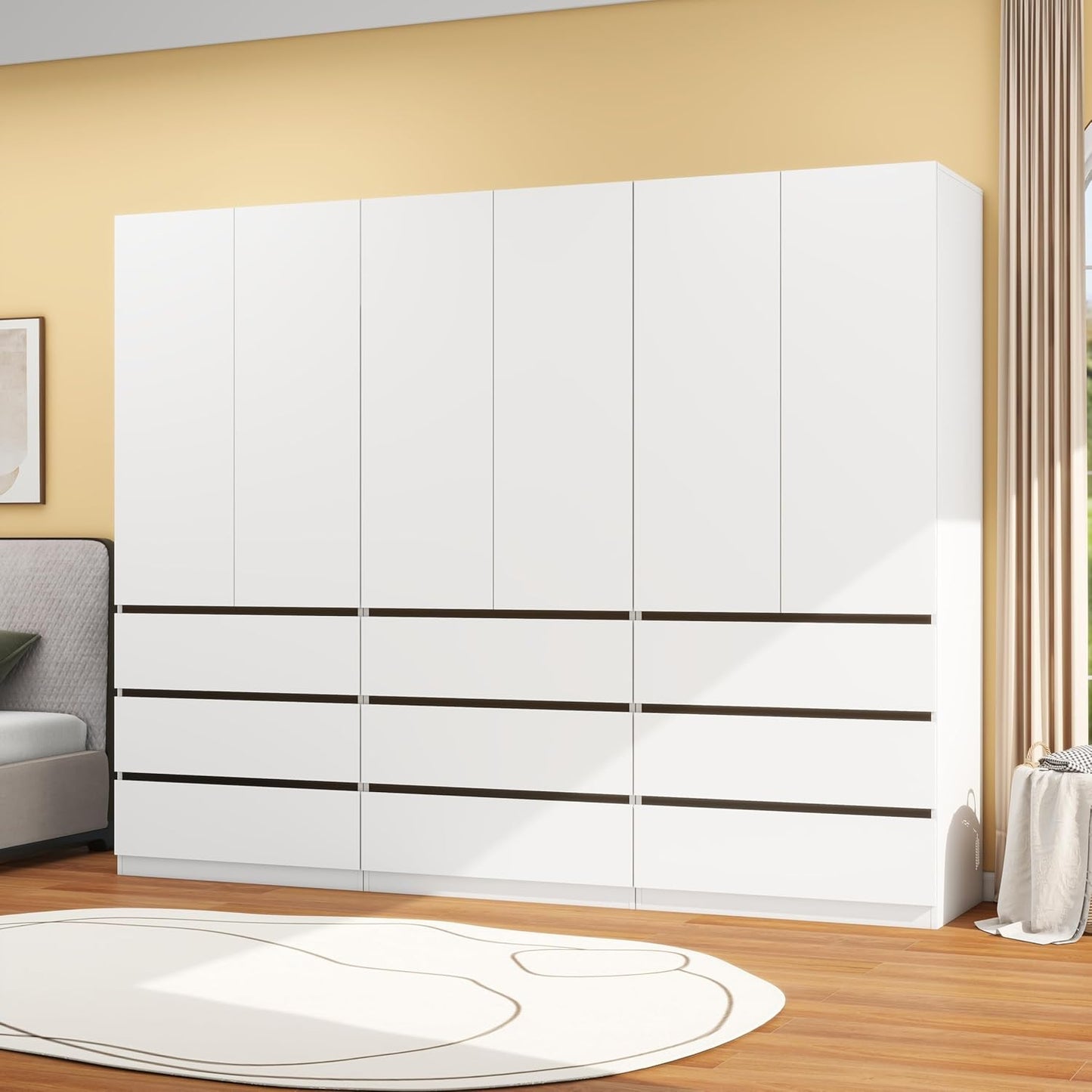 Bedroom Armoire Wardrobe Closet with 9 Drawers: White Wardrobe Closet with 6 Doors, Modern Cabinet for Clothes with Shelves, Wooden Armoire for Hanging Clothes (Modern, 3)