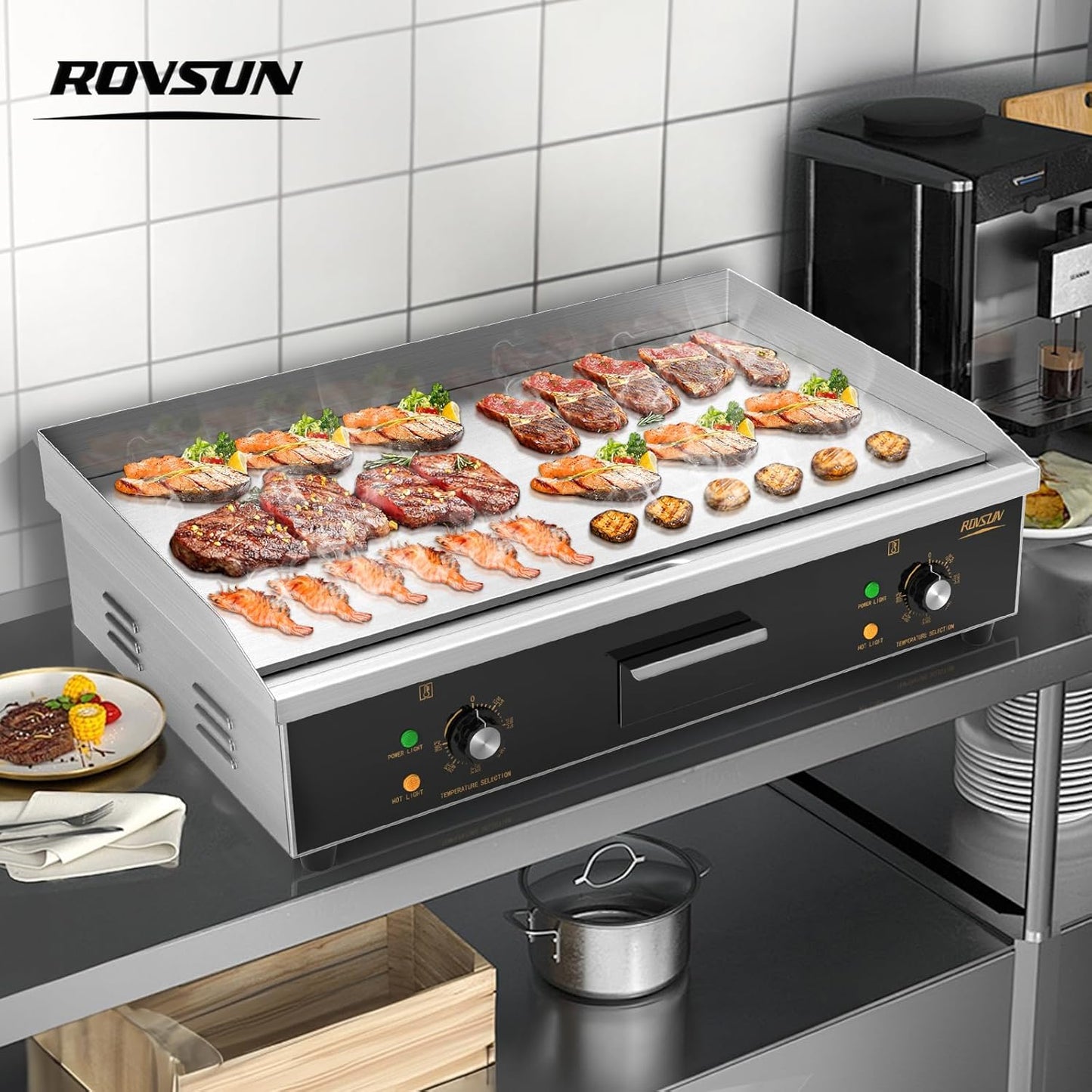 ROVSUN 30" Electric Countertop Flat Top Griddle, 3000W Electric Griddle, Teppanyaki Grill Stainless Steel with Adjustable Temperature Control 122°F-572°F for Commercial Home Restaurant, Plug