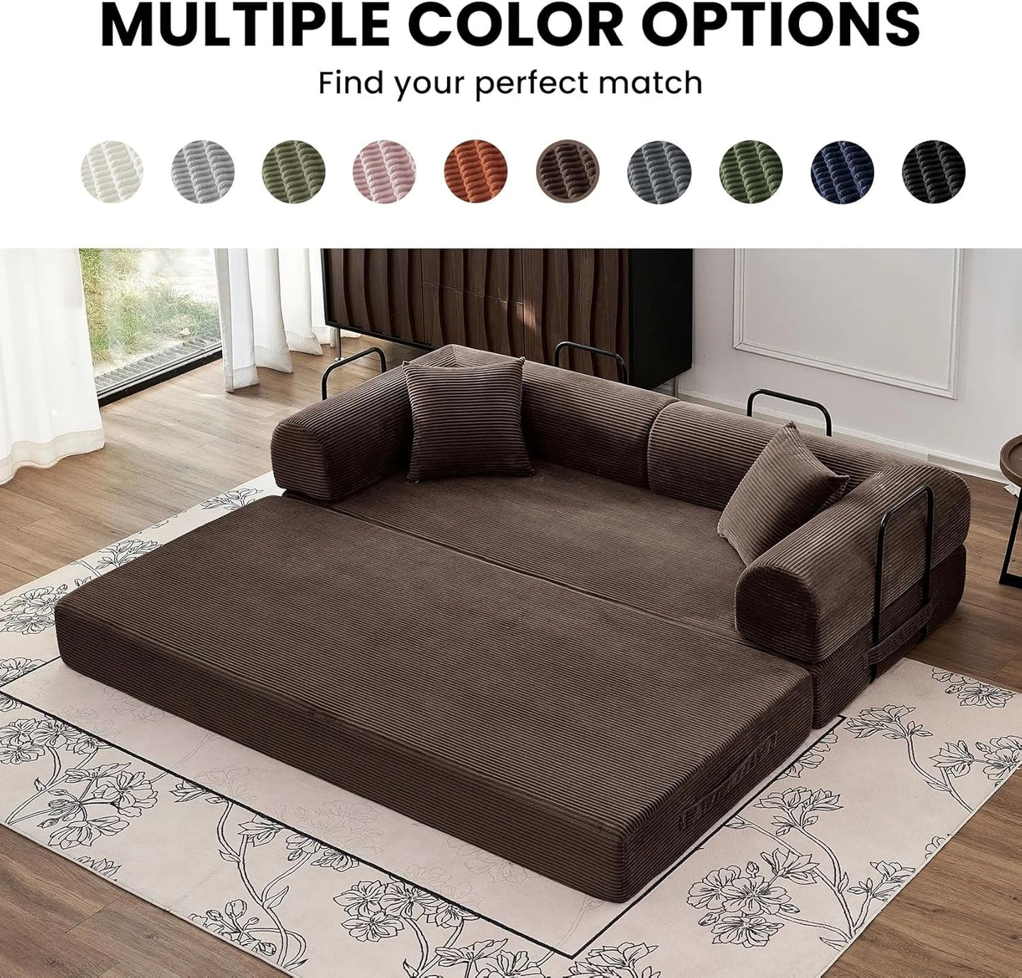 79'' Convertible Sofa Bed, Folding Sleeper Couch with Pull Out Bed, Modular Floor Couch with Cushions, Corduroy Sofa for Apartment Living Room Bedroom Guest Room Use, No Assembly (Brown)