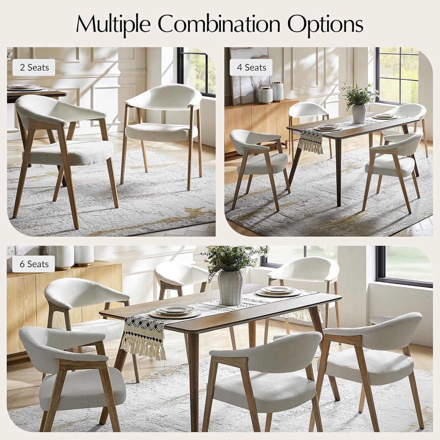 HULALA HOME Dining Chairs with Arm Set of 4, Mid-Century Modern Upholstered Kitchen Dining Room Chair with Solid Wood Legs & Curved Backtrst, Armchairs Accent Chairs for Living Room - Ivory