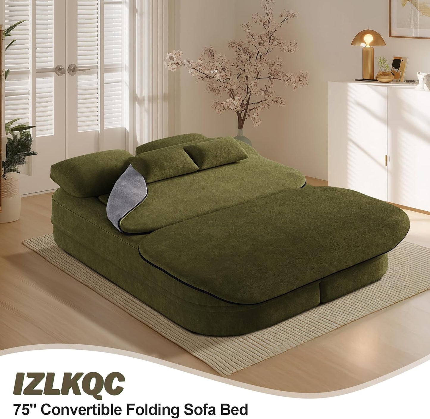 75'' Folding Sleeper Sofa Bed, Convertible Memory Foam Boneless Couch, Foldable Full Size Guest Bed, Modern 2-in-1 Futon Floor Sleeper Sofa with 4 Pillows and Blanket (Chenille, Green1)