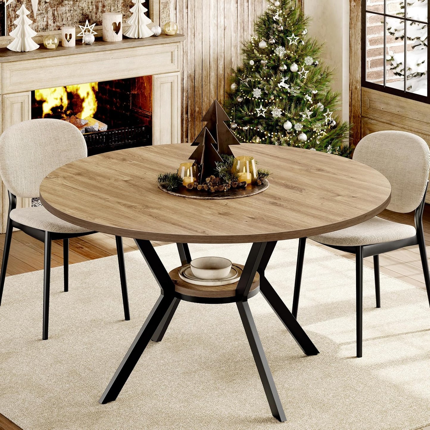 MECHYIN 42 Inch Round Dining Table for 2–4, Farmhouse Round Kitchen Table with Storage Shelf, Pedestal Dining Table, Wood Top & Metal Base, Small Space Table for Apartment, Dining Room