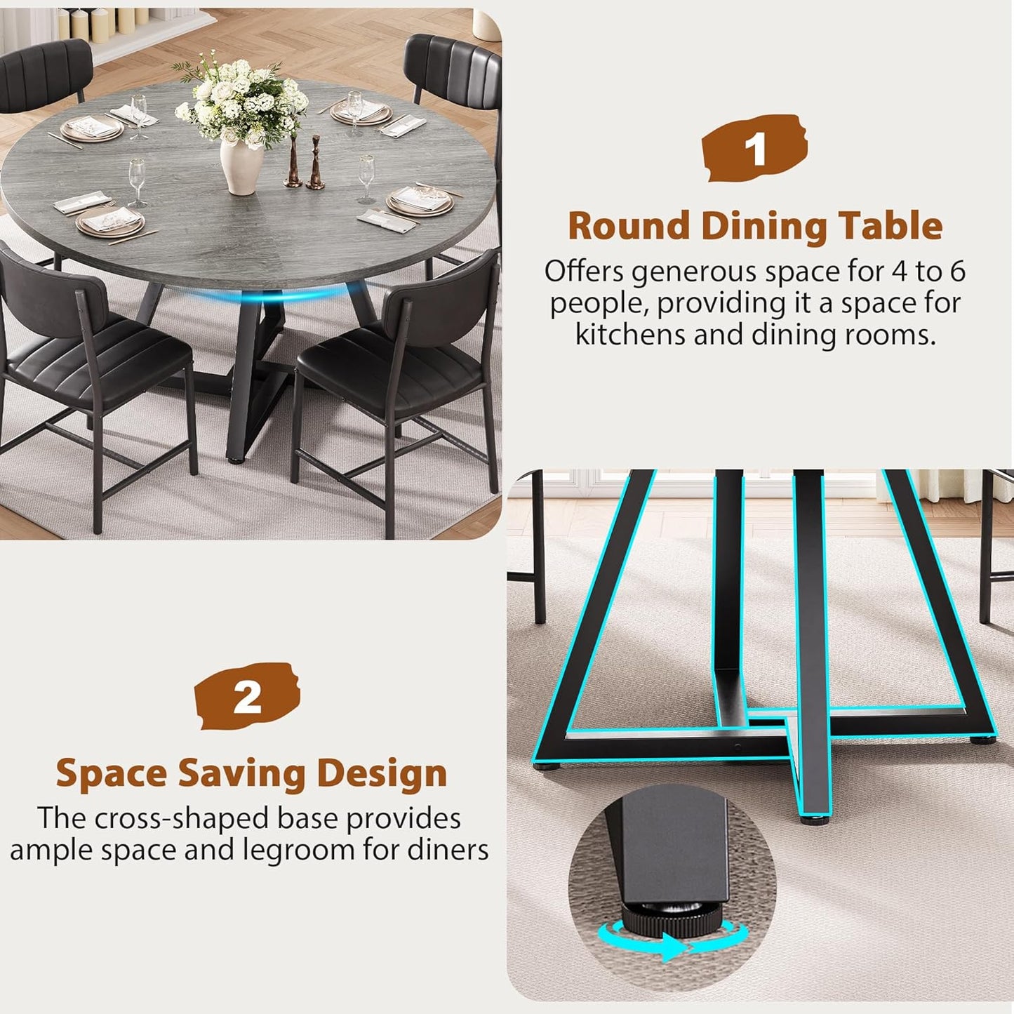 Jocoevol Round Dining Table Kitchen Dining Room Dinner Pedestal Table with Storage Shelf, Space Saving Wood Circle Industrial Furniture for Small Space (Grey, 51In)