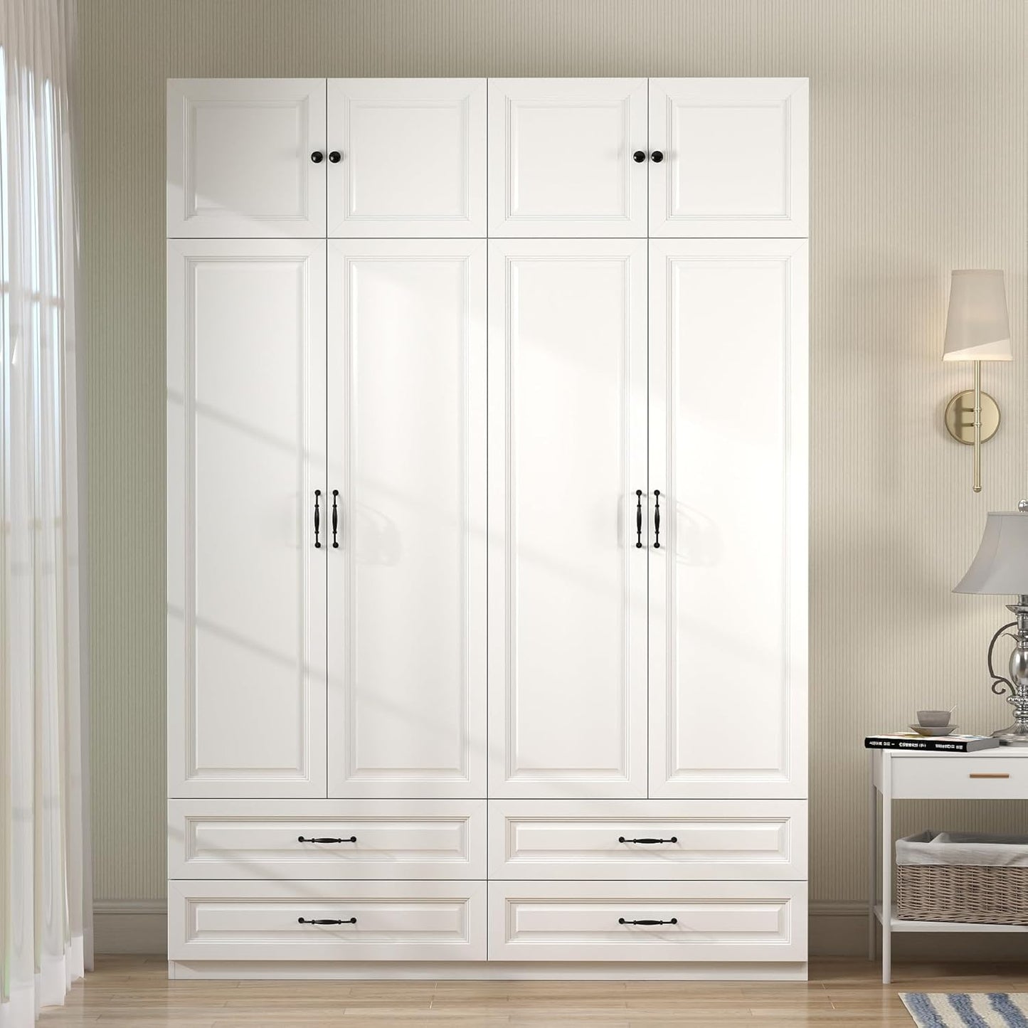 White Armoire Wardrobe Closet: 88" Extra Tall Wardrobe Closet with 4 Drawers, Bedroom Armoires with 4 Doors, Wood Large Armoire with Top Cabinet (63")