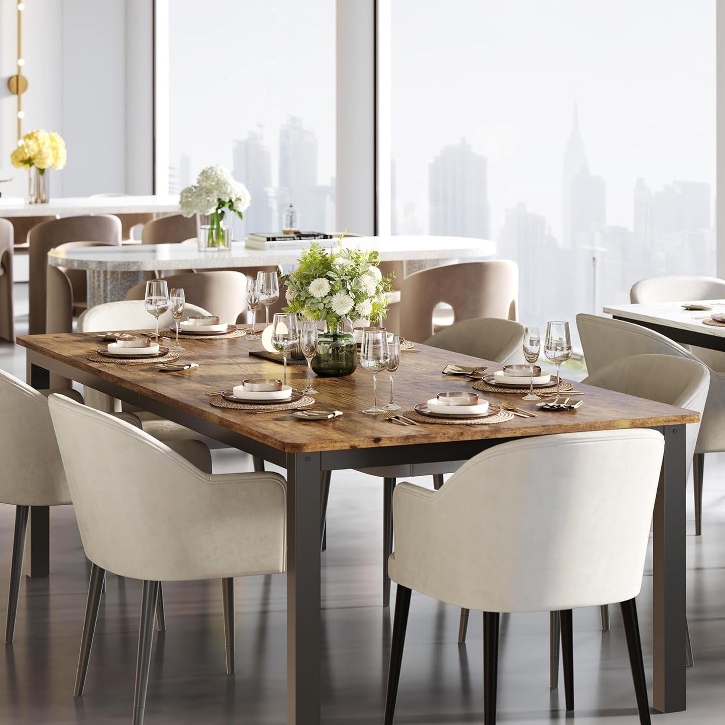 GarveeHome 70.8 in Industrial Dining Table for 6, Wooden Long Dinner Table with Mortise Tenon Design, Kitchen Table with Sturdy Metal Legs, for Dining Room Home Office Living Room, Retro