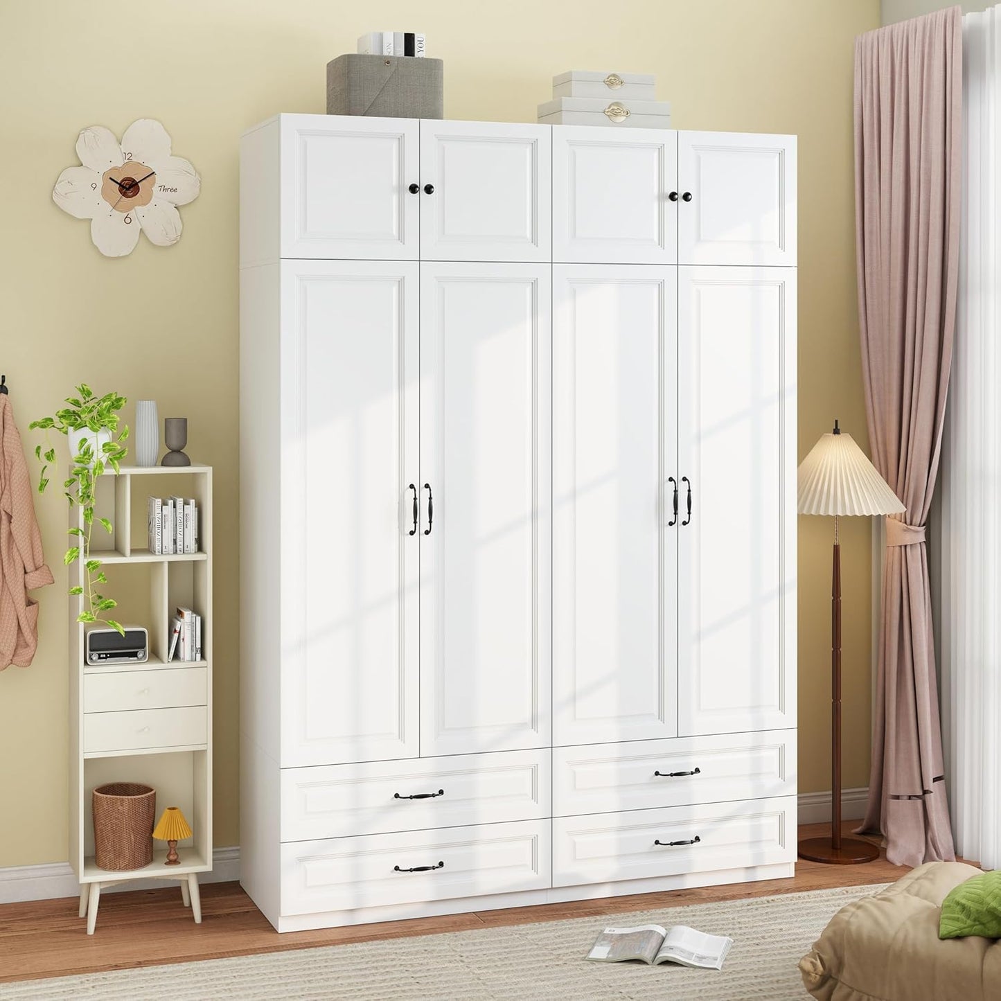 Armoire Wardrobe Closet with Drawers: 63" Large White Wood Wardrobe Closet with 4 Doors and 4 Drawers, Modern Clothes Storage Cabinet for Bedroom Armoire with Shelves (63")