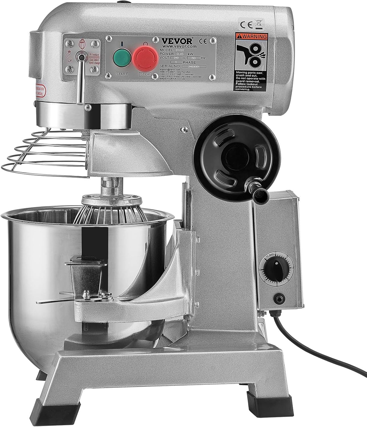 VEVOR Commercial Food Mixer, 15Qt Capacity with Timer, 500W Stainless Bowl Durable Electric Mixer for Commercial Use, 3 Speed Options 113/184/341 RPM, Includes Dough Hook & Whisk