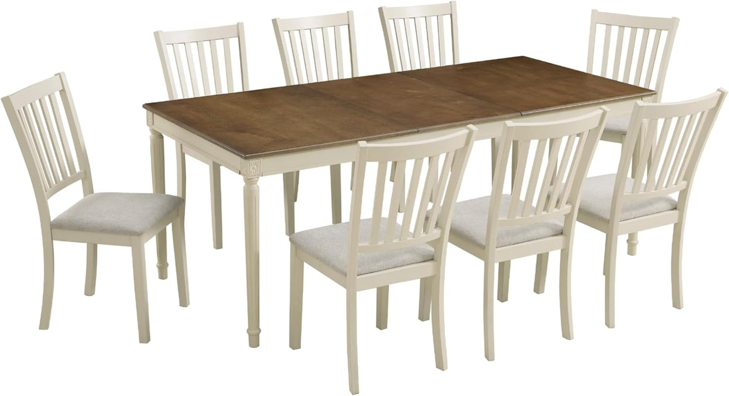 AMERLIFE 9-Piece Farmhouse Solid Wood Dining Table Set with 8 Upholstered Chairs, Roman Conical Legs, Seats up to 8, 79'' Dining Table & Chairs Set for Kitchen and Dining Room, Rustic Cream
