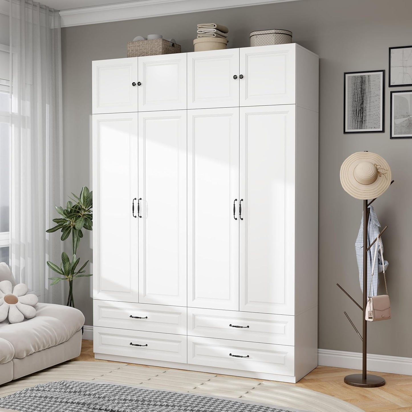 Armoire Wardrobe Closet with Doors: 89" Extra Tall White Wardrobe with Storage on Top, Bedroom Armoires with 4 Doors and 4 Drawers, Large Wood Closet Armoire for Hanging Clothes (B, 63")