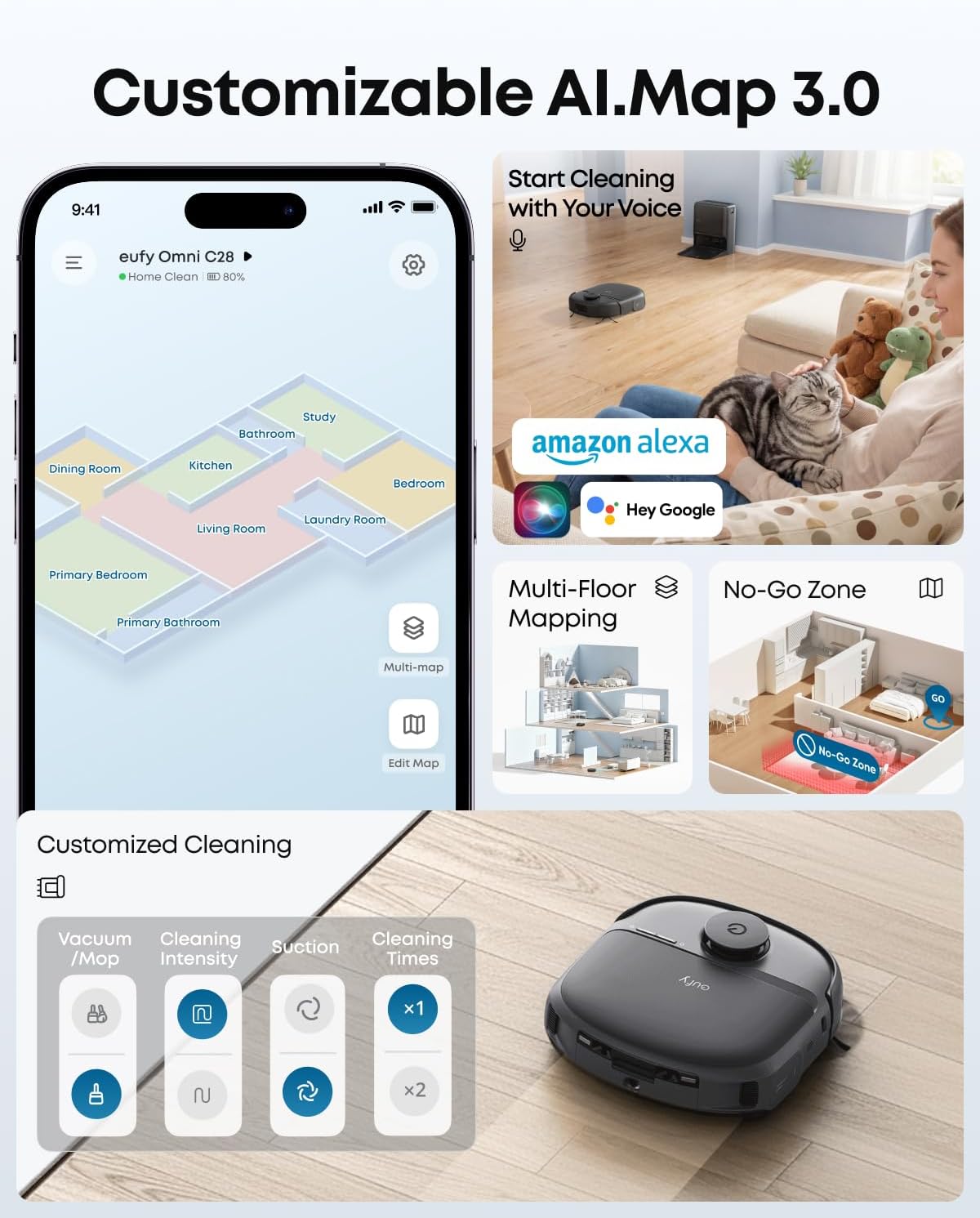 eufy C28 Robot Vacuum and Mop Combo,15,000 Pa Suction, HydroJet Always Fresh Roller Mop, Upgraded from X10 Pro, Zero-Tangle Design for Pet Hair, Auto Mop Washing&Drying, Self-Emptying&Refilling