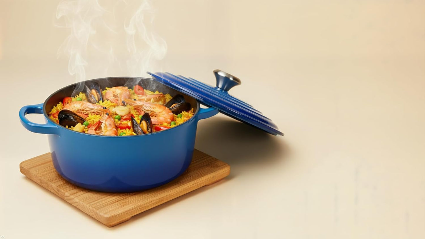 Cast Iron Dutch Oven Pot with Lid – Deep Cooking Pot for Bread, Stews, Casseroles – Oven Safe Cookware, Kitchen Essential & Wedding Gift – Compatible with All Heat Sources (Blue)