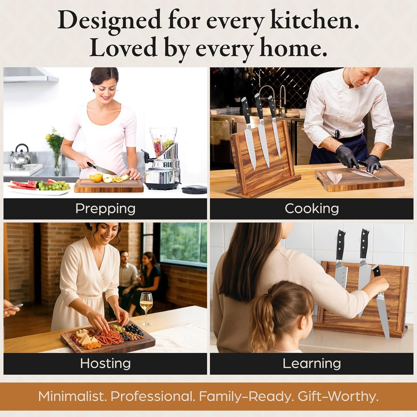 3 in 1 Magnetic Knife Block Stand, 14"x10" Cutting Board, Knife Sharpener - Wooden Magnetic Knife Holder - Acacia Display Holder Double Sided Storage Rack Magnets for Knives - No Assembly Required