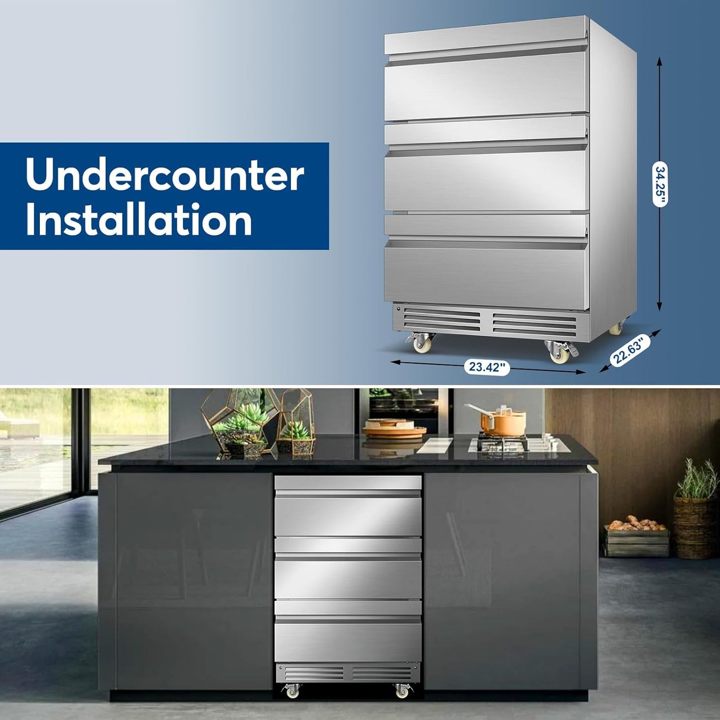FoMup Stainless Steel 3-Tier Drawer Fridge Undercounter, Outdoor Beverage Refrigerator with Wheels, Waterproof Design and Temperature Control for Home and Commercial Use