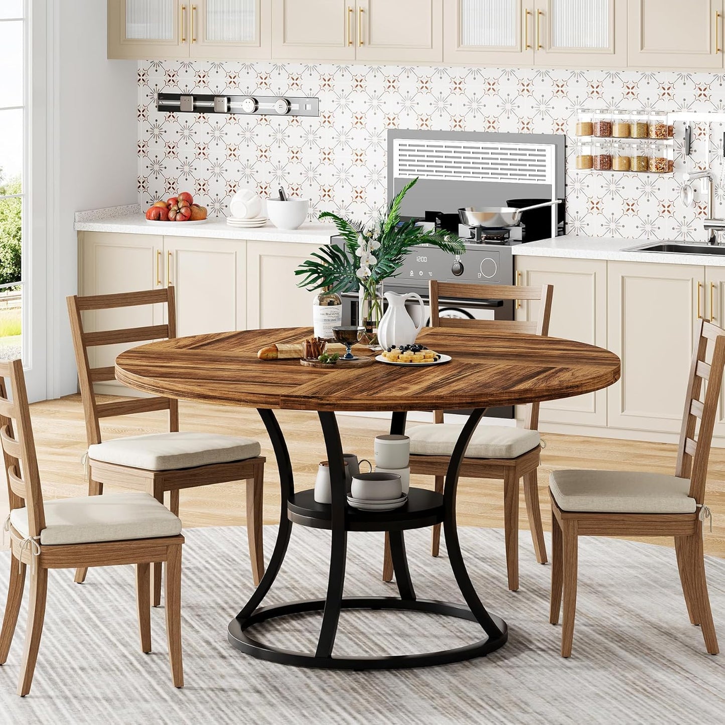 47'' Round Dining Table for 4-6, Farmhouse Dining Room Table with Storage Shelf, Space-Saving Kitchen Table with Metal Base for Kitchen & Dining Room, Table Only (Brown & Black)
