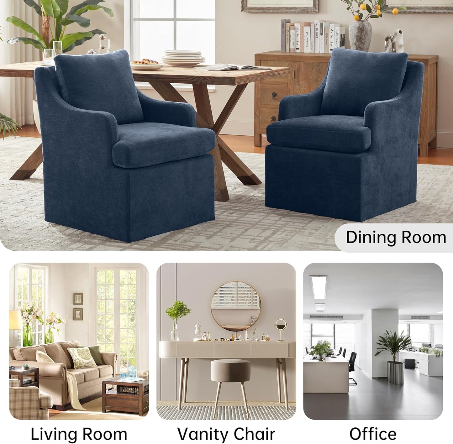 VKNOW Upholstered Dining Chairs Set of 4, Linen Kitchen Chair Dinner Chair with 4 Casters, Chenille Armchair for Bedroom Reading Room Living Room, Blue