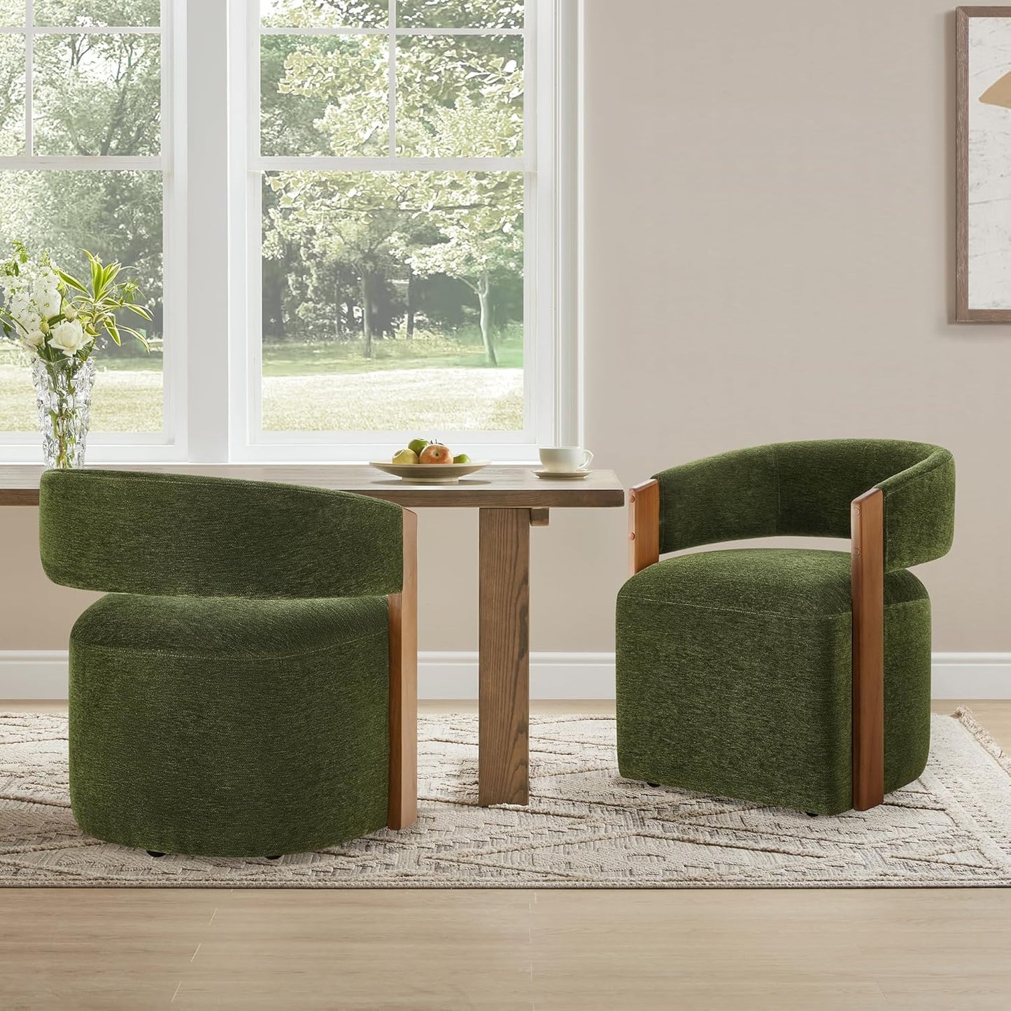 KISLOT Upholstered Dining Chairs with Casters, Modern Barrel Side Armchair with Rollers & Wooden Armrest for Dining Room, Bedroom, Kitchen, Reading Room, Green, Set of 4