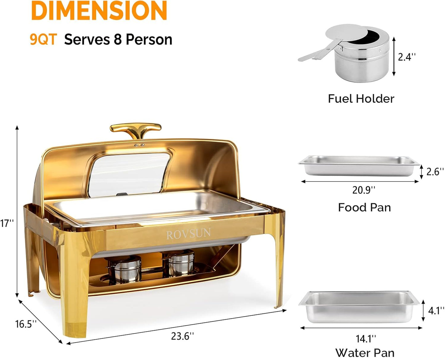 ROVSUN 9QT 3 Pack Roll Top Chafing Dish Buffet Set, Rectangular NSF Stainless Steel Buffet Warmer Chafers with Thick Frame for Catering Events Parties Weddings Dinners, Gold
